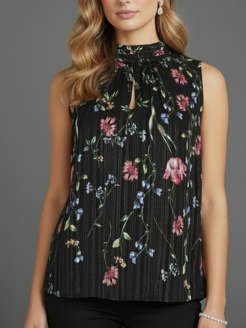WHITE HOUSE BLACK MARKET Floral Keyhole Front & Back Shimmer Blouse Size Medium